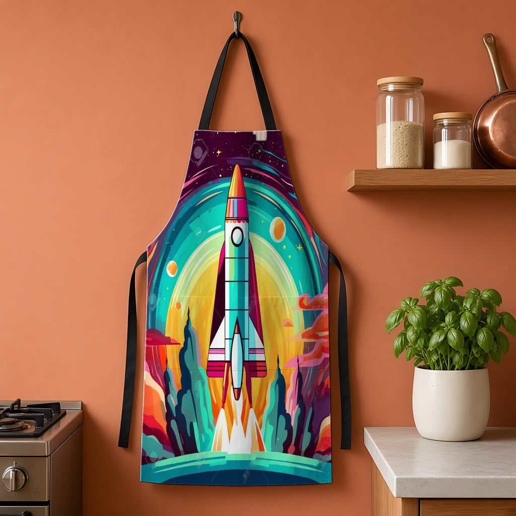 Retro Rocket Launch Apron hanging on a terracotta kitchen wall