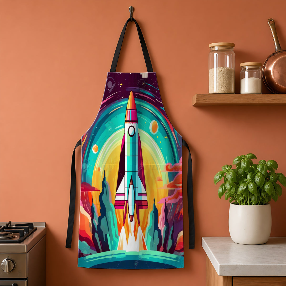 Retro Rocket Launch Apron hanging on a terracotta kitchen wall