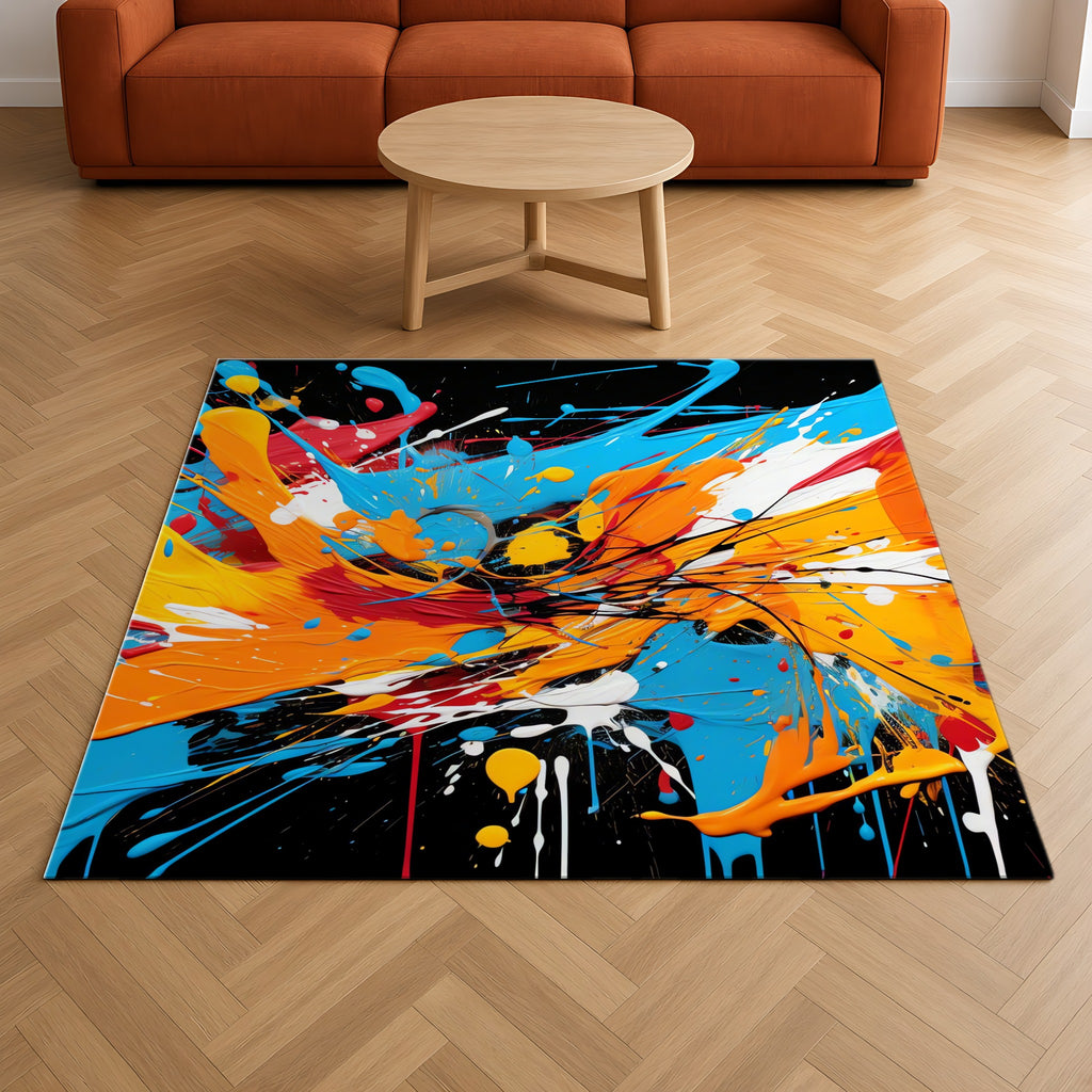 Electric Paint Splash Outdoor Rug on a herringbone wood floor in a living room