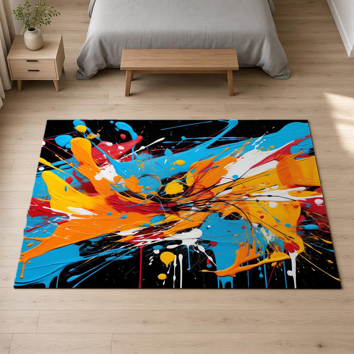 Electric Paint Splash Outdoor Rug on a pale oak floor in a calm bedroom