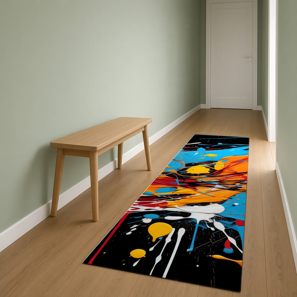 Electric Paint Splash Outdoor Rug as a runner in a sage-green hallway