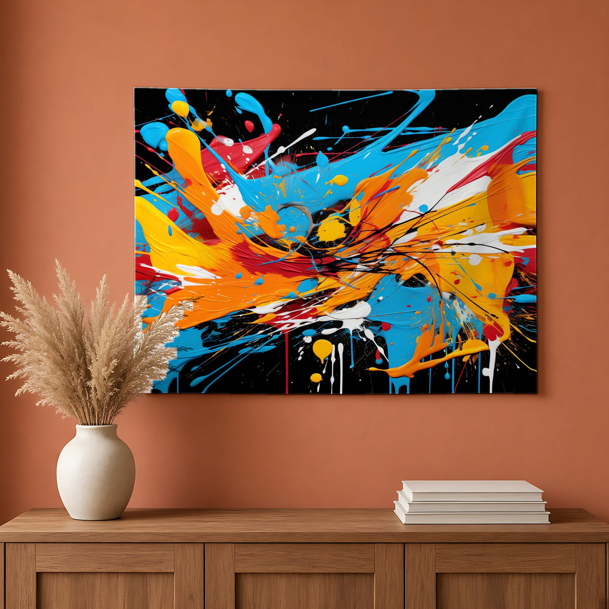 Electric Paint Splash Wall Tapestry hanging on a terracotta wall