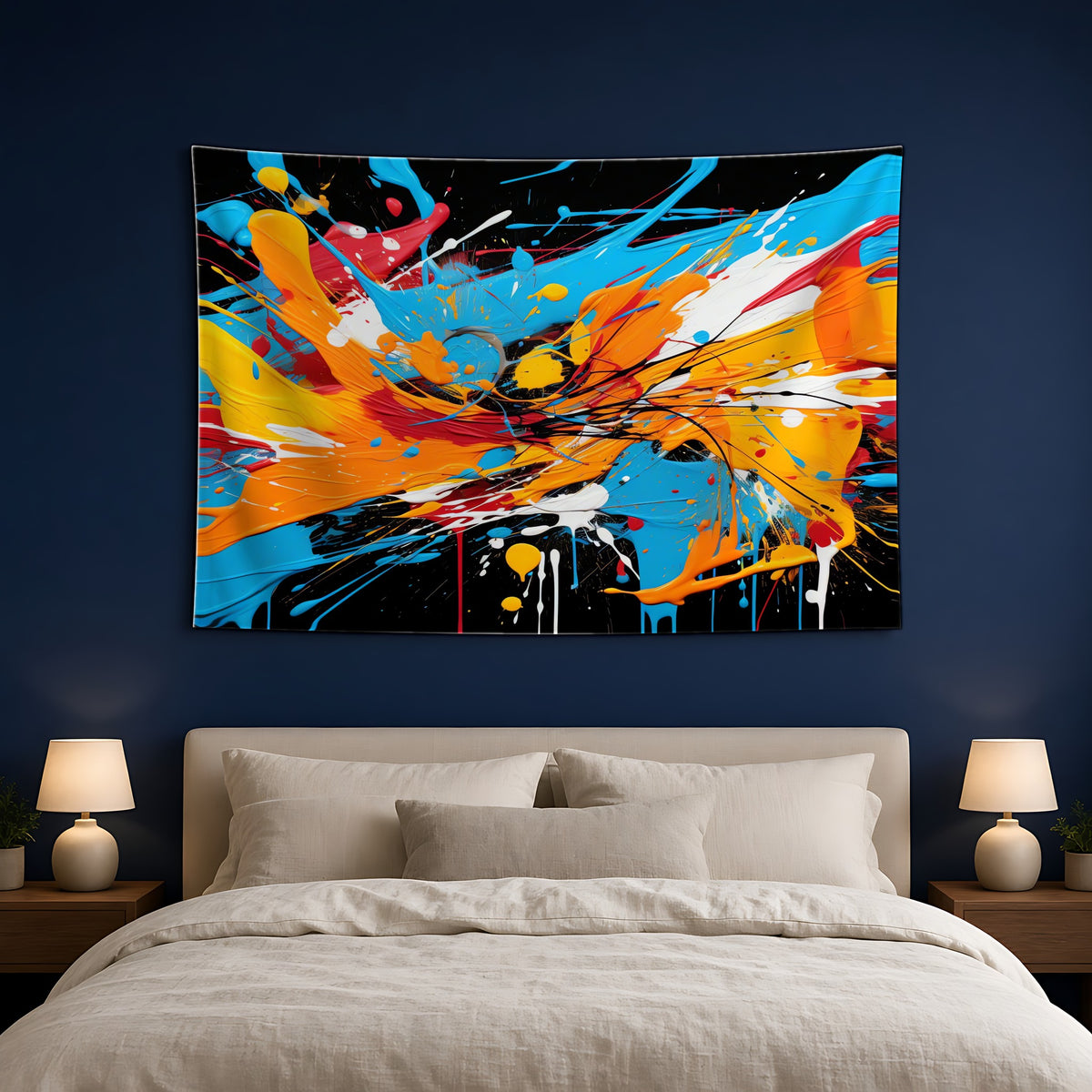 Electric Paint Splash Wall Tapestry hanging above a bed on a navy wall