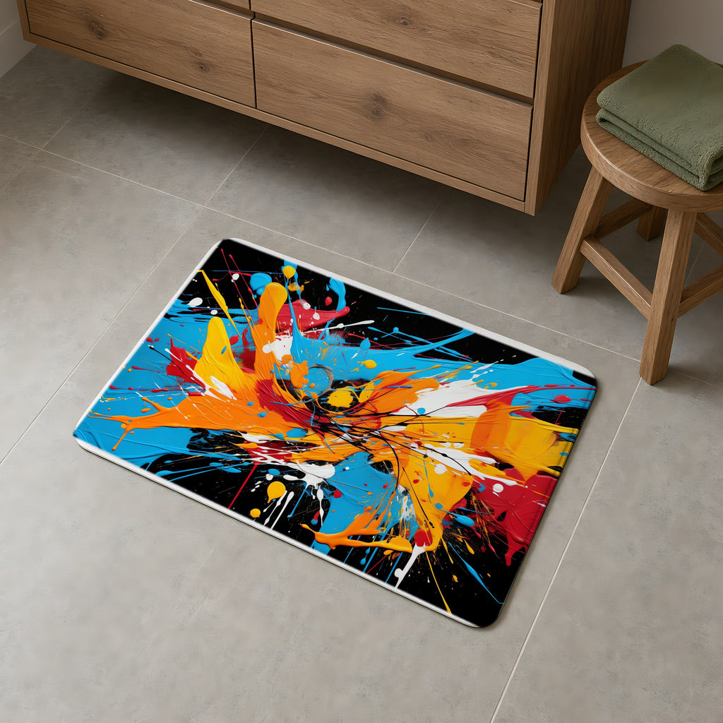 Electric Paint Splash Bath Mat on a grey tiled bathroom floor