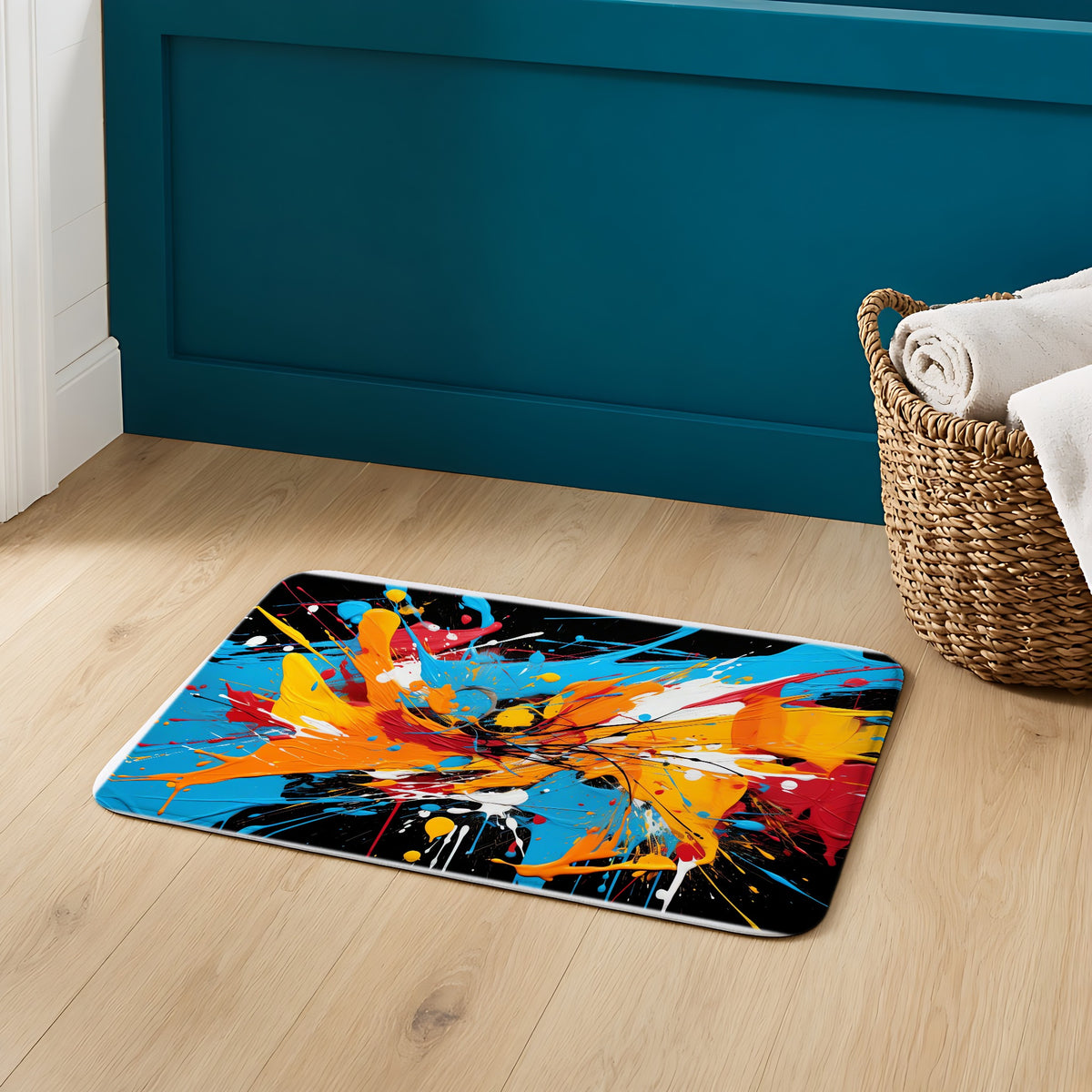 Electric Paint Splash Bath Mat on an oak floor in a teal bathroom