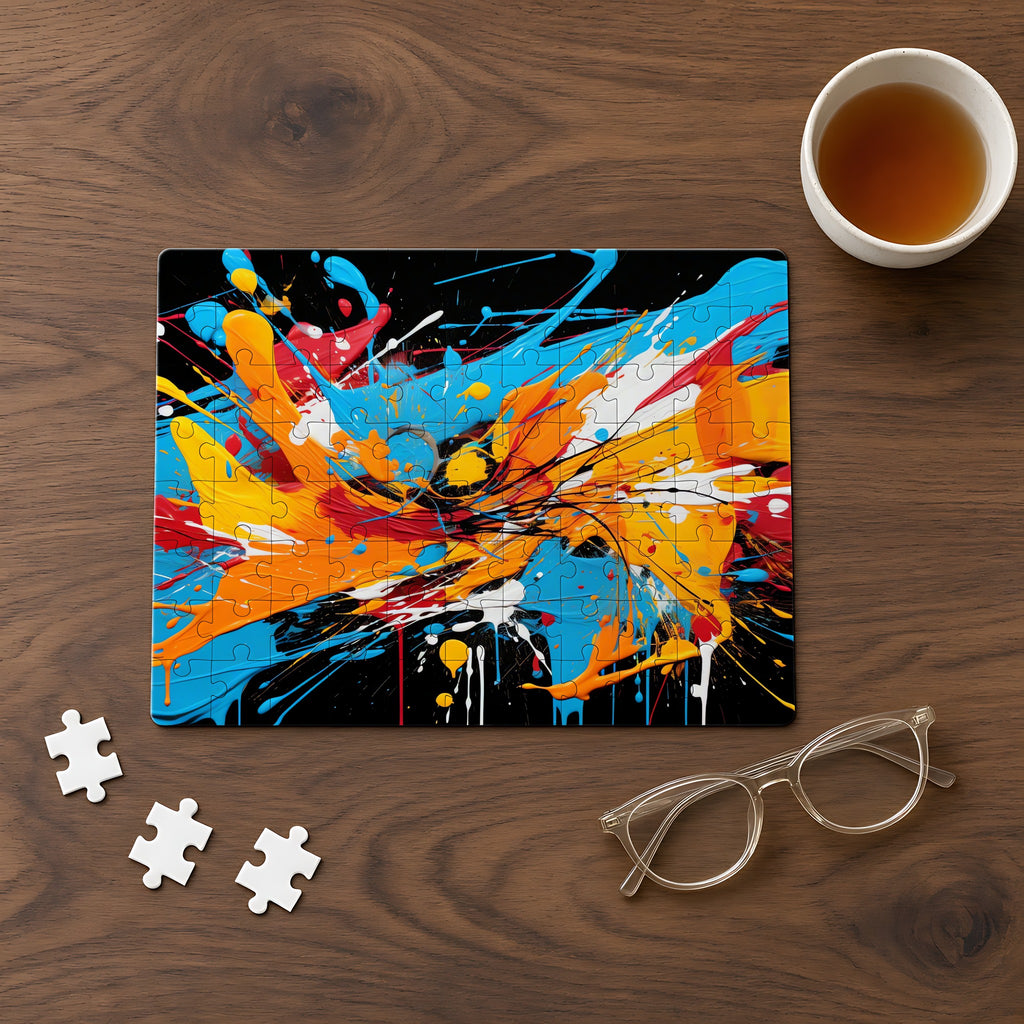 Electric Paint Splash Jigsaw Puzzle with Tin completed on a walnut table