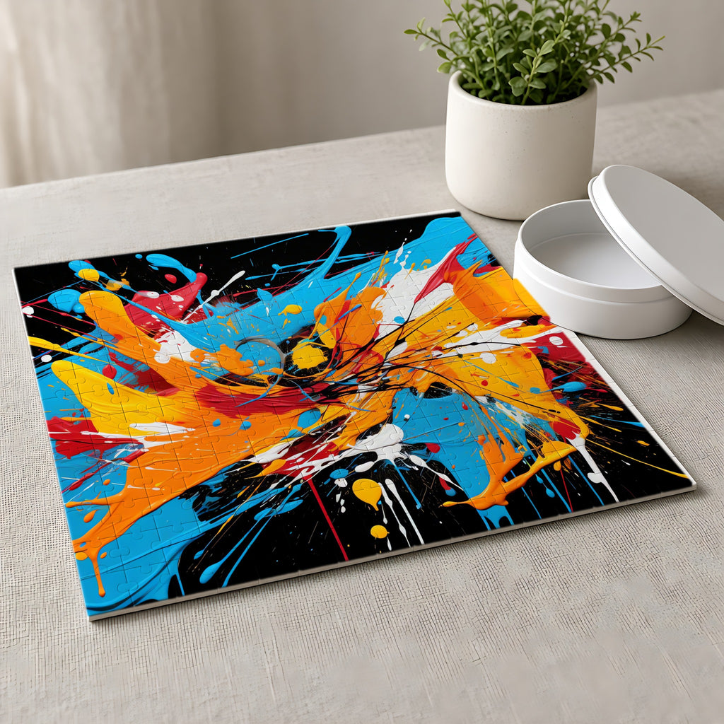 Electric Paint Splash Jigsaw Puzzle with Tin completed on a linen tablecloth