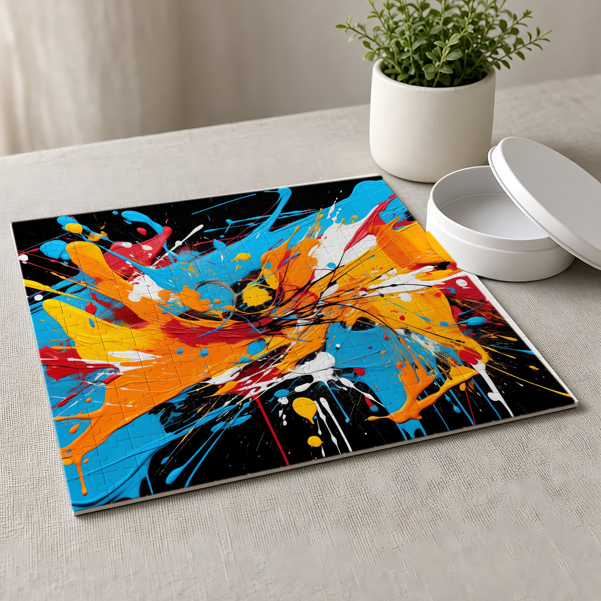 Electric Paint Splash Jigsaw Puzzle with Tin completed on a linen tablecloth
