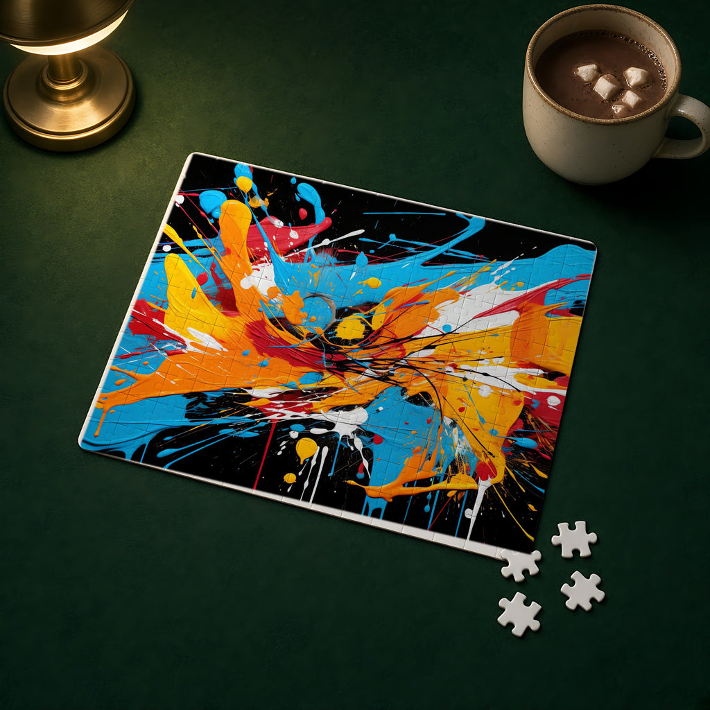 Electric Paint Splash Jigsaw Puzzle with Tin completed on a green games table