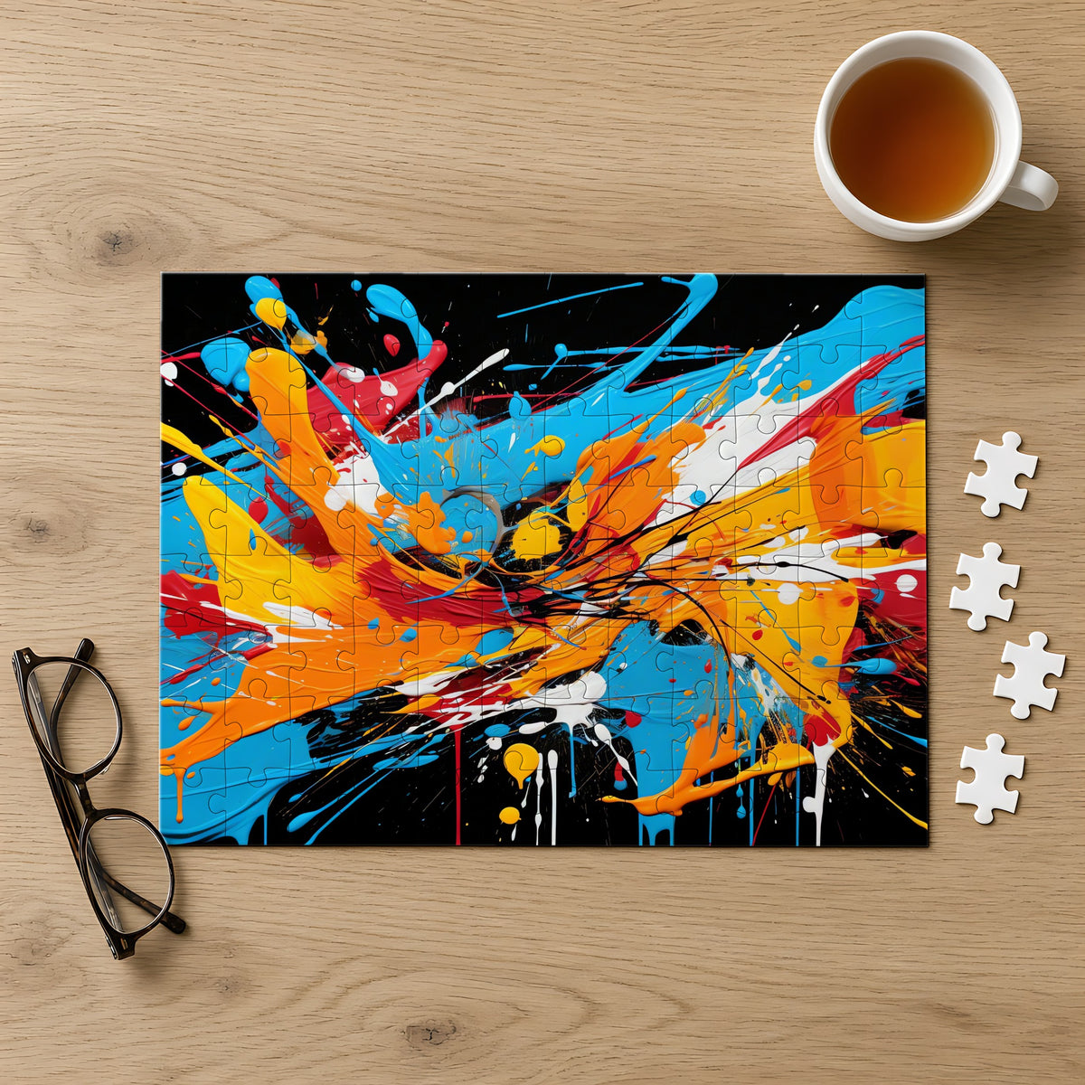 Electric Paint Splash Jigsaw Puzzle with Tin completed on a light oak table with a cup of tea