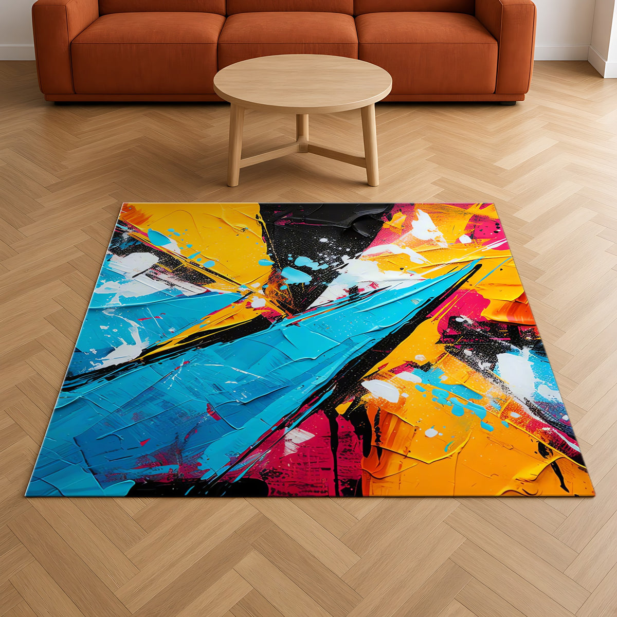 Shattered Blue Burst Outdoor Rug on a herringbone wood floor in a living room