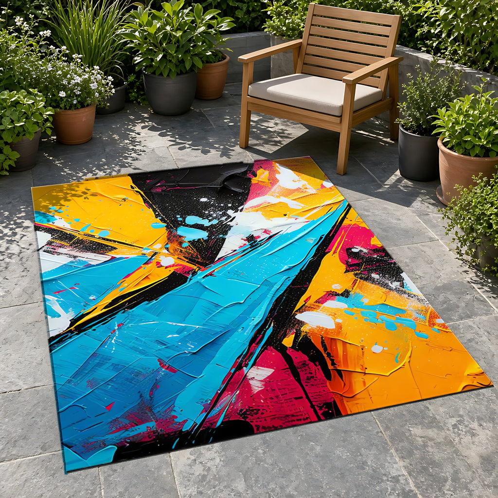 Shattered Blue Burst Outdoor Rug on a stone patio with potted plants