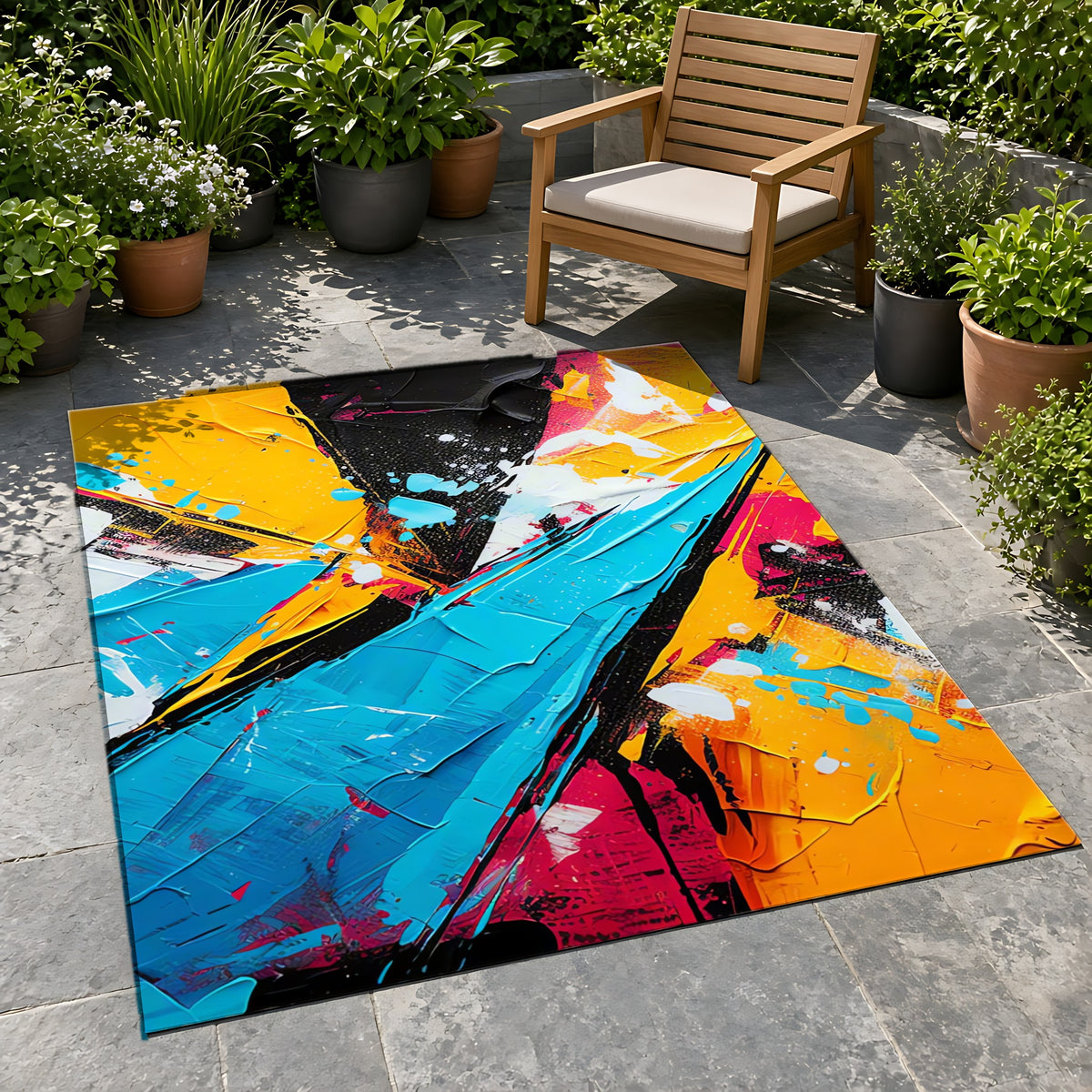 Shattered Blue Burst Outdoor Rug on a stone patio with potted plants