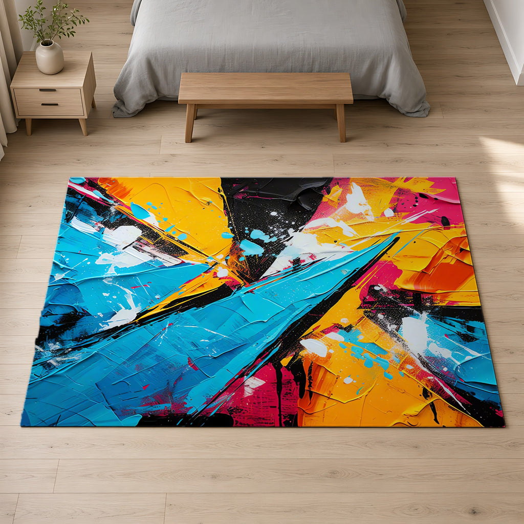 Shattered Blue Burst Outdoor Rug on a pale oak floor in a calm bedroom