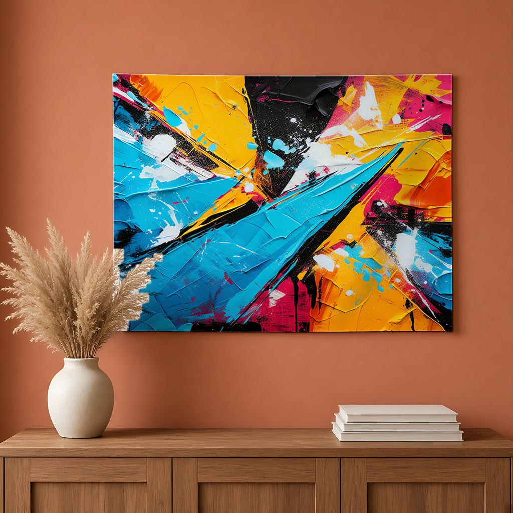 Shattered Blue Burst Wall Tapestry hanging on a terracotta wall