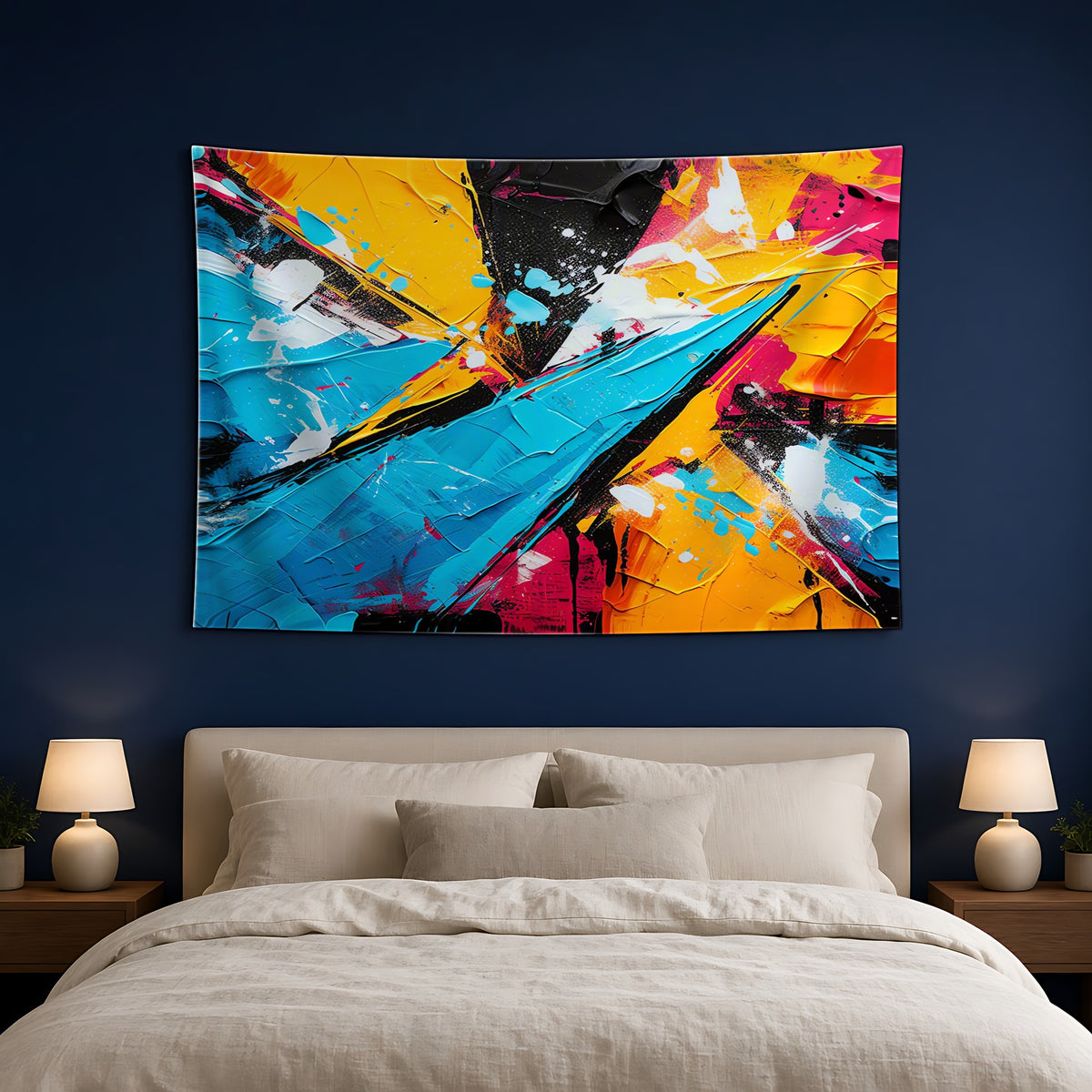 Shattered Blue Burst Wall Tapestry hanging above a bed on a navy wall