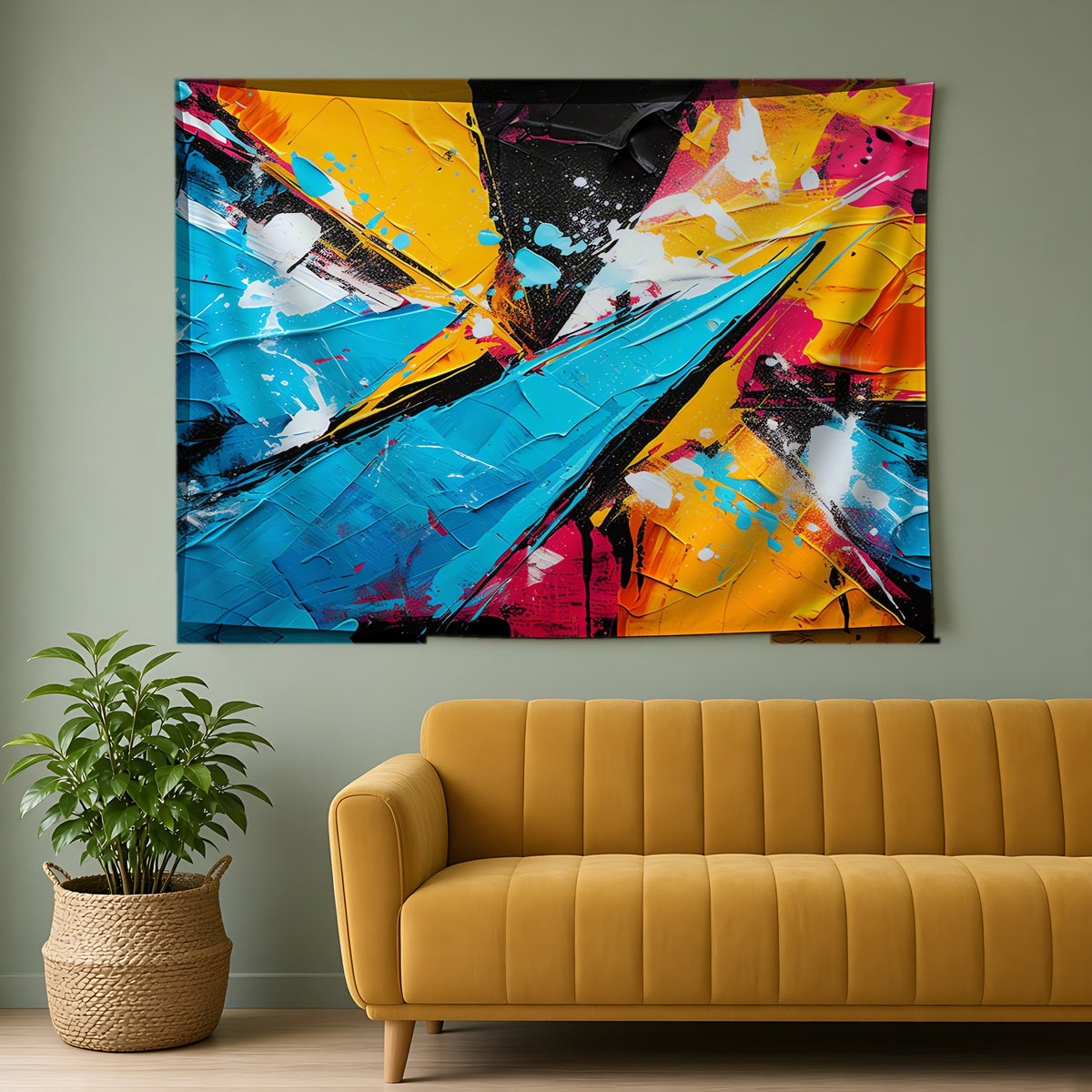 Shattered Blue Burst Wall Tapestry hanging above a mustard sofa
