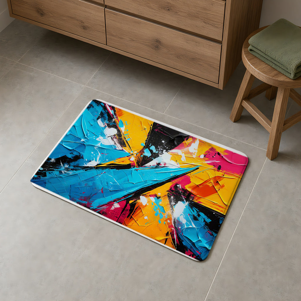 Shattered Blue Burst Bath Mat on a grey tiled bathroom floor