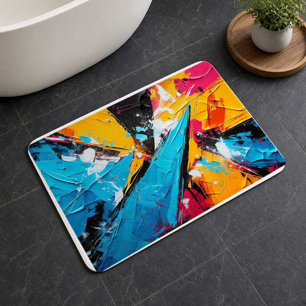 Shattered Blue Burst Bath Mat on a dark slate floor beside a bath