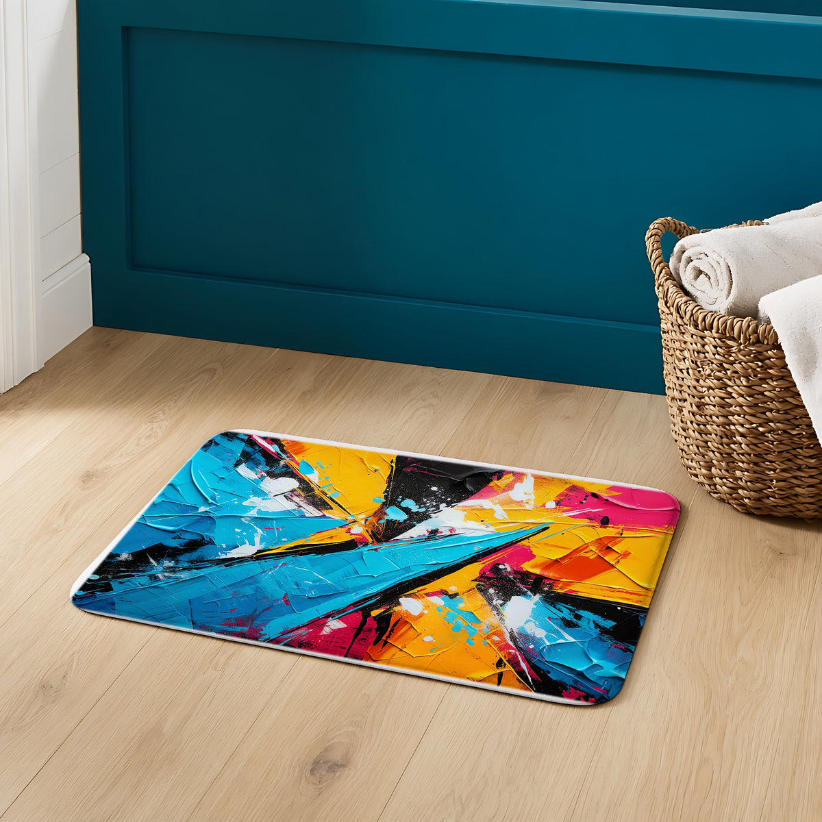 Shattered Blue Burst Bath Mat on an oak floor in a teal bathroom