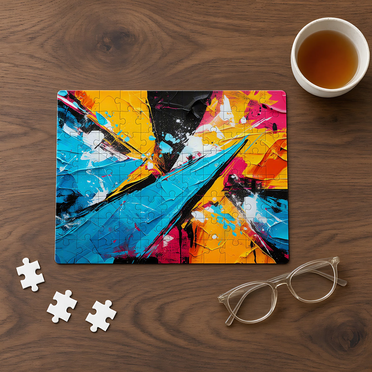 Shattered Blue Burst Jigsaw Puzzle with Tin completed on a walnut table