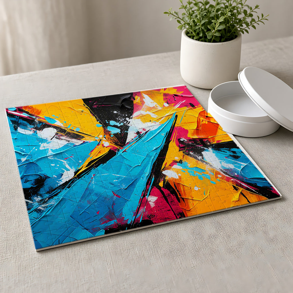 Shattered Blue Burst Jigsaw Puzzle with Tin completed on a linen tablecloth