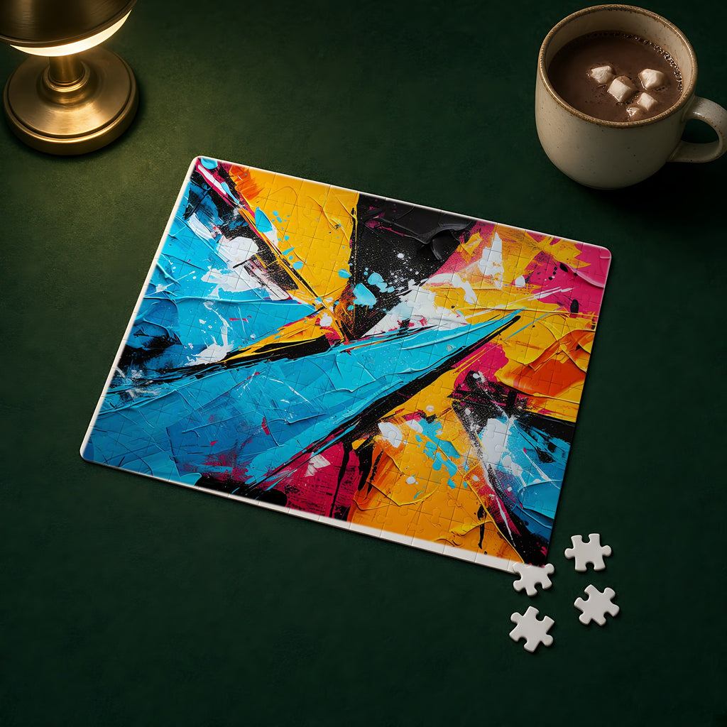 Shattered Blue Burst Jigsaw Puzzle with Tin completed on a green games table