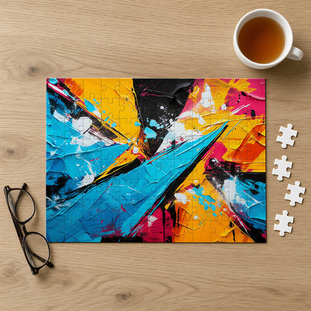 Shattered Blue Burst Jigsaw Puzzle with Tin completed on a light oak table with a cup of tea