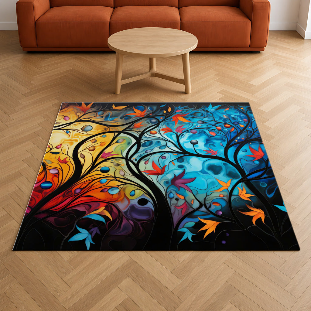 Glowing Autumn Woodland Outdoor Rug on a herringbone wood floor in a living room