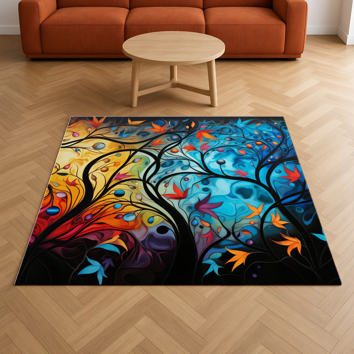 Glowing Autumn Woodland Outdoor Rug on a herringbone wood floor in a living room