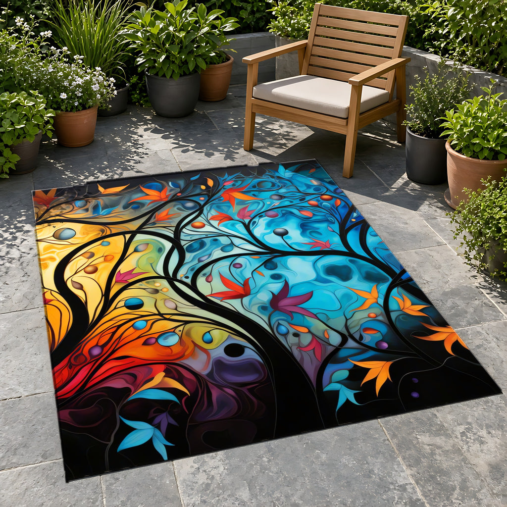 Glowing Autumn Woodland Outdoor Rug on a stone patio with potted plants