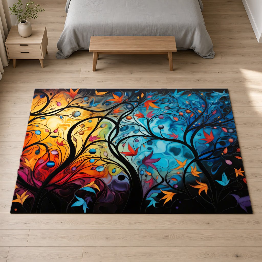 Glowing Autumn Woodland Outdoor Rug on a pale oak floor in a calm bedroom