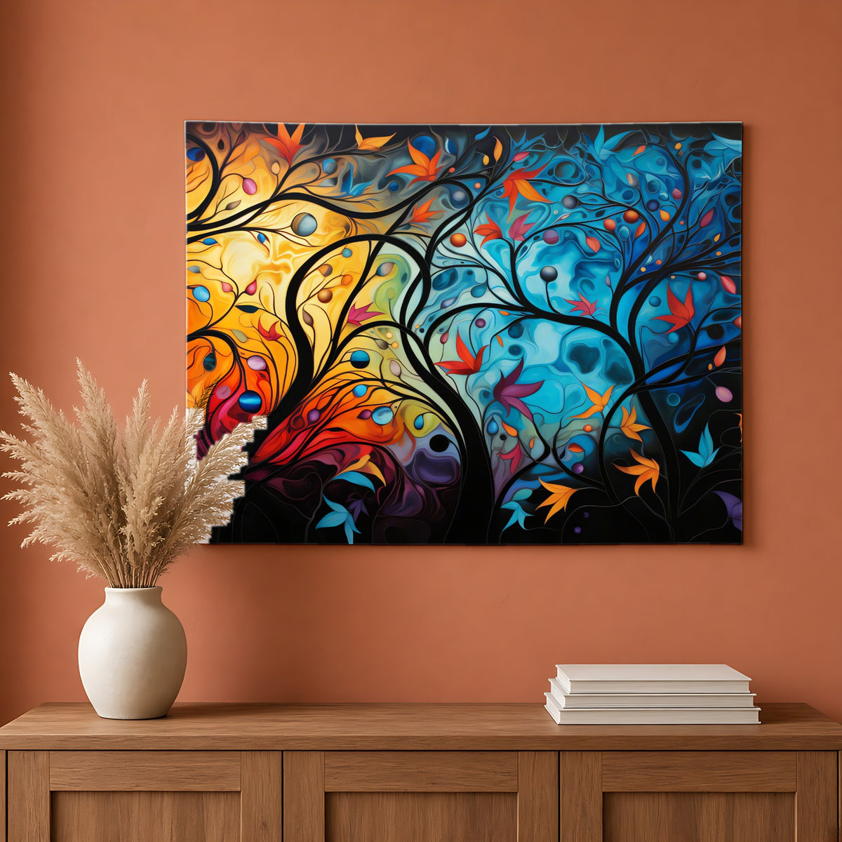 Glowing Autumn Woodland Wall Tapestry hanging on a terracotta wall