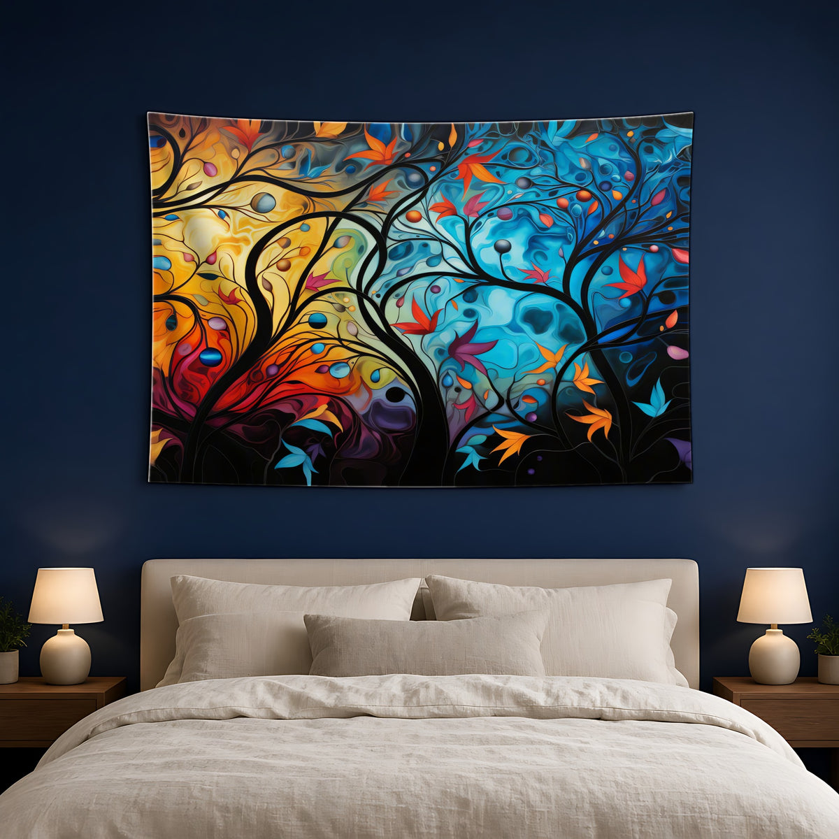 Glowing Autumn Woodland Wall Tapestry hanging above a bed on a navy wall