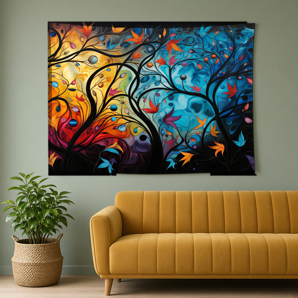 Glowing Autumn Woodland Wall Tapestry hanging above a mustard sofa