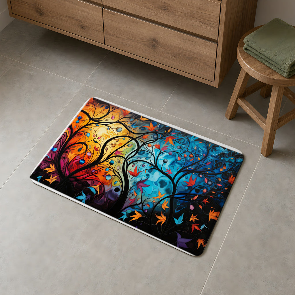Glowing Autumn Woodland Bath Mat on a grey tiled bathroom floor