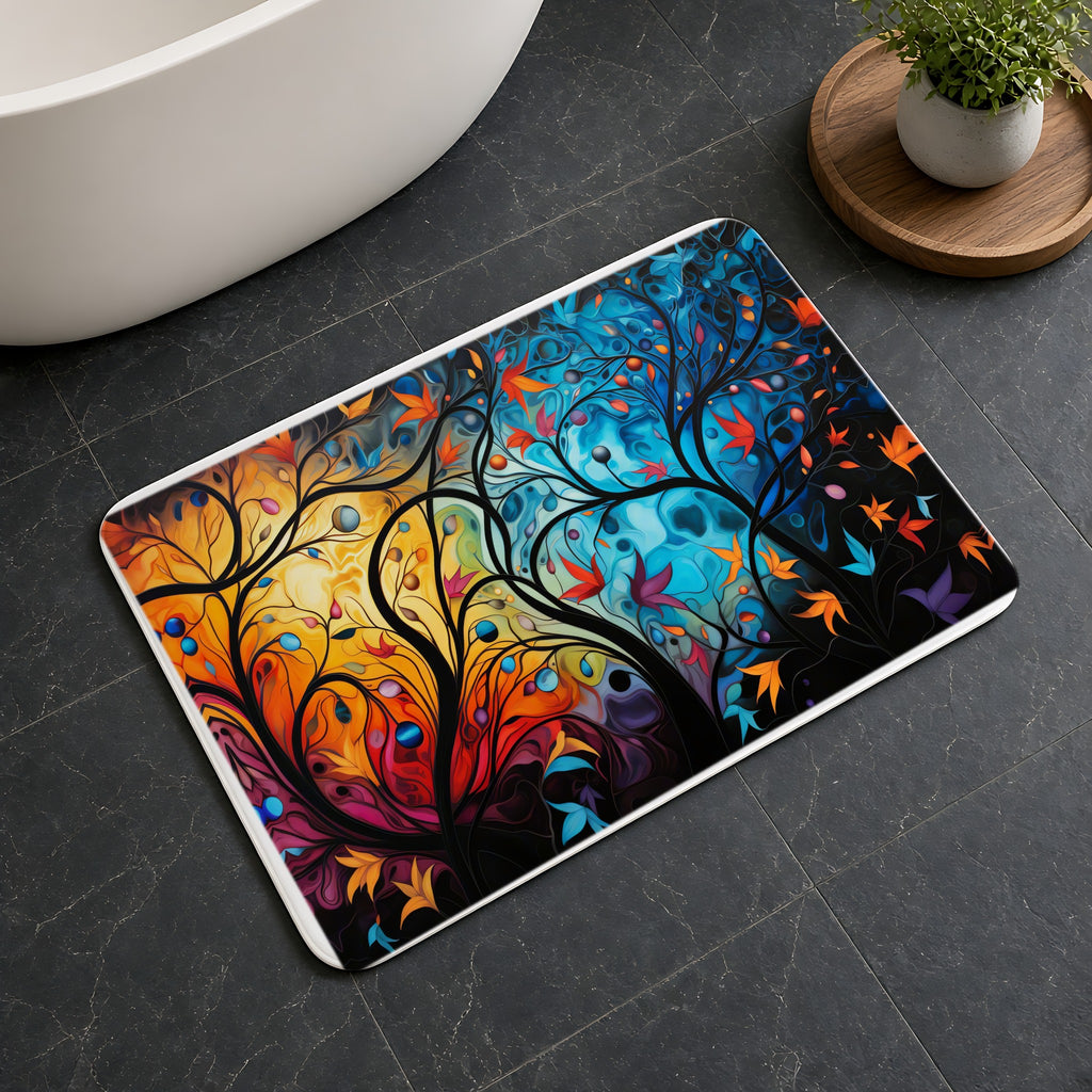 Glowing Autumn Woodland Bath Mat on a dark slate floor beside a bath