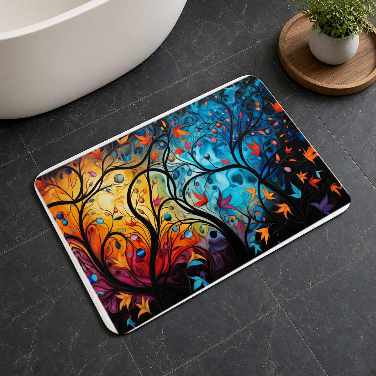 Glowing Autumn Woodland Bath Mat on a dark slate floor beside a bath