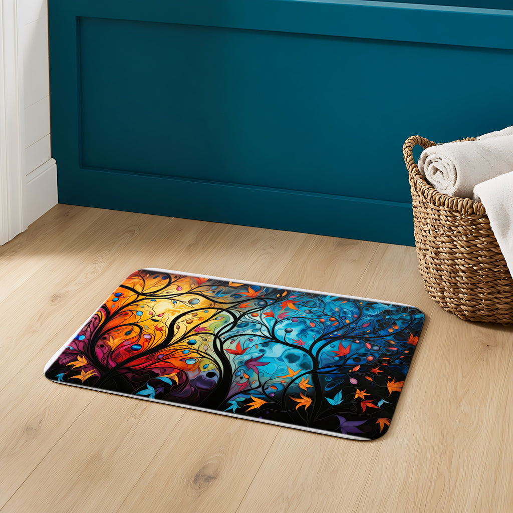 Glowing Autumn Woodland Bath Mat on an oak floor in a teal bathroom