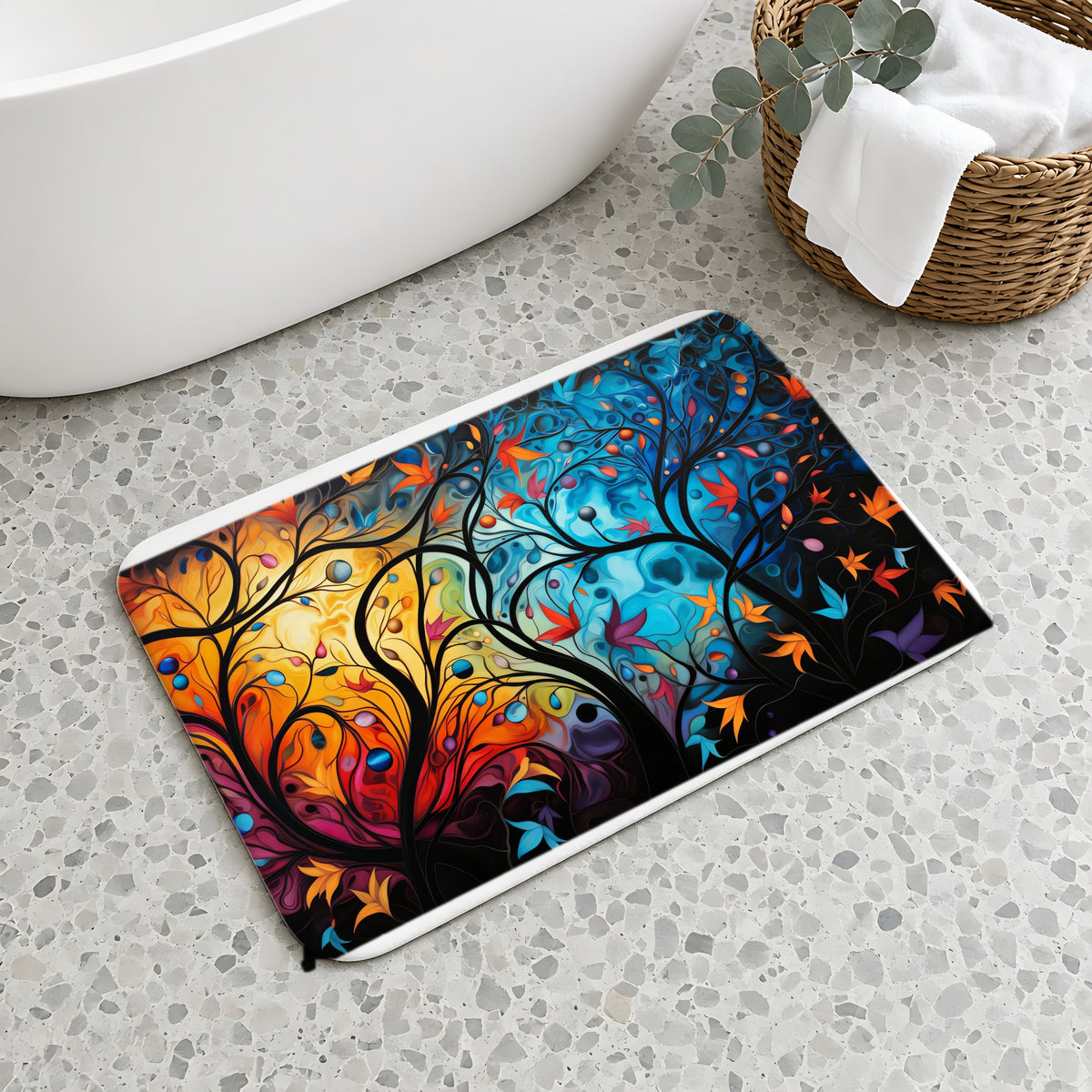 Glowing Autumn Woodland Bath Mat on a terrazzo floor beside a freestanding bath