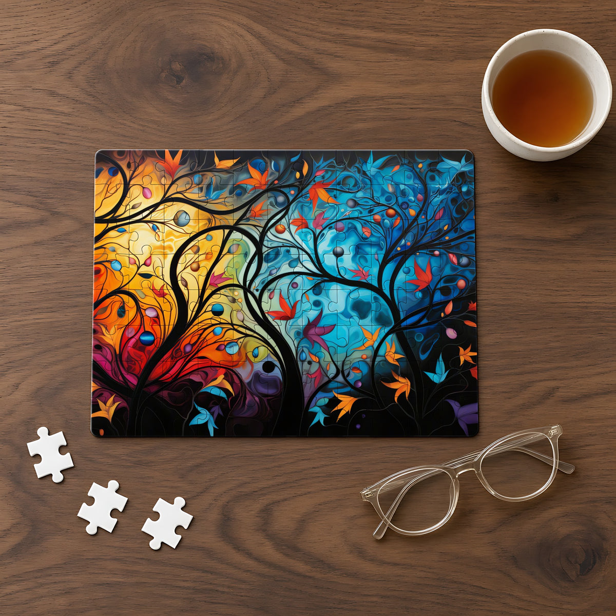 Glowing Autumn Woodland Jigsaw Puzzle with Tin completed on a walnut table