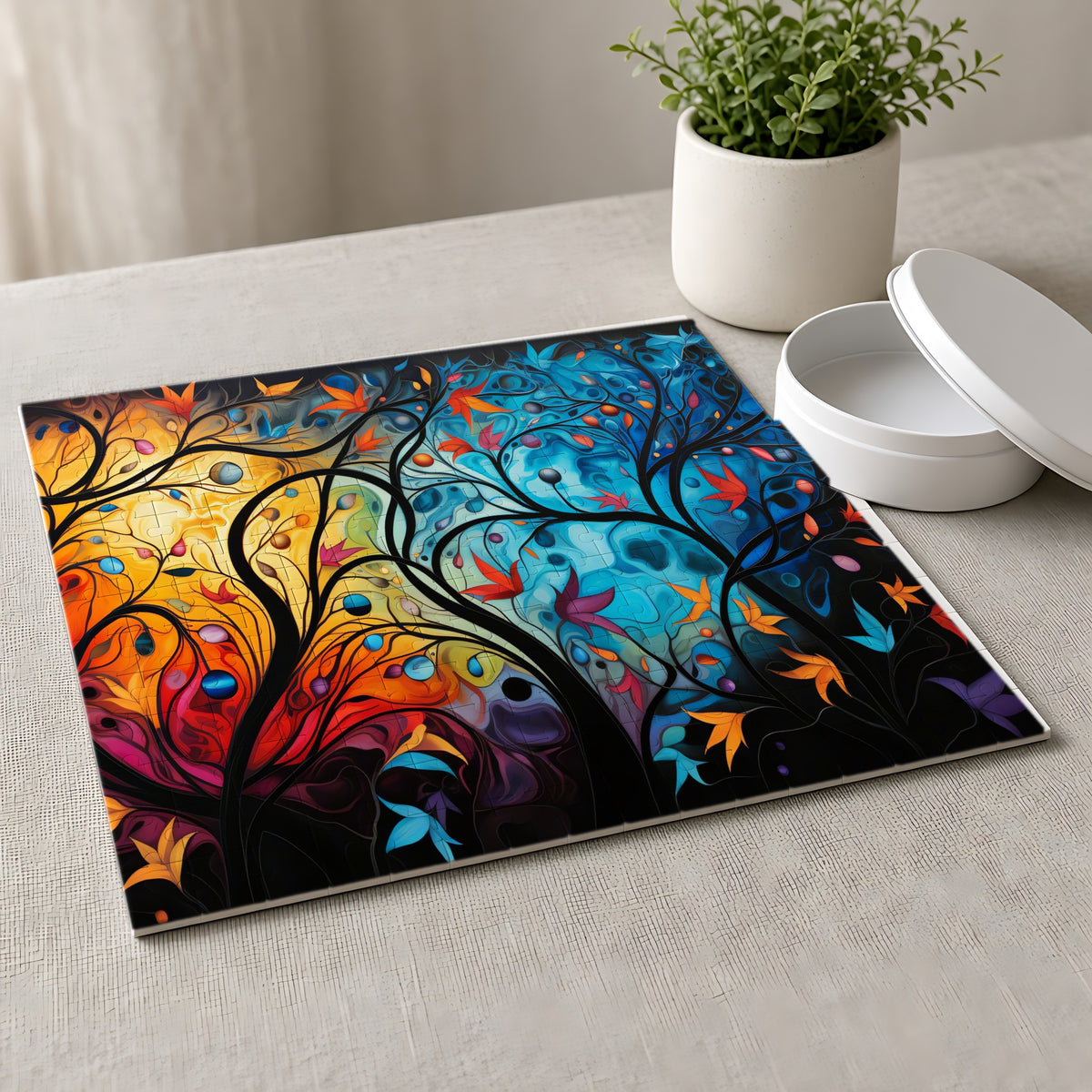 Glowing Autumn Woodland Jigsaw Puzzle with Tin completed on a linen tablecloth