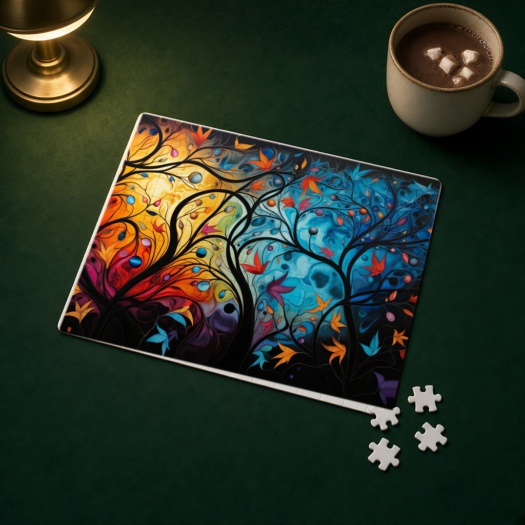 Glowing Autumn Woodland Jigsaw Puzzle with Tin completed on a green games table