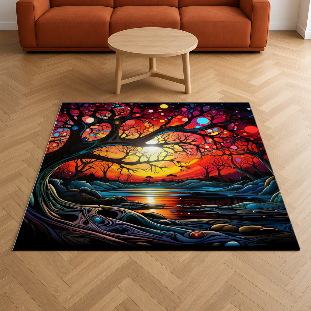 Sunset Dream Tree Outdoor Rug on a herringbone wood floor in a living room