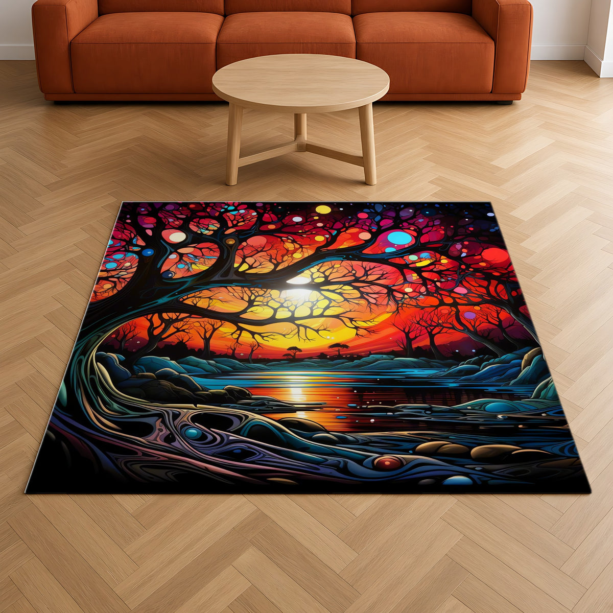 Sunset Dream Tree Outdoor Rug on a herringbone wood floor in a living room
