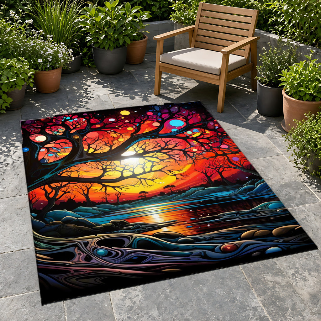 Sunset Dream Tree Outdoor Rug on a stone patio with potted plants