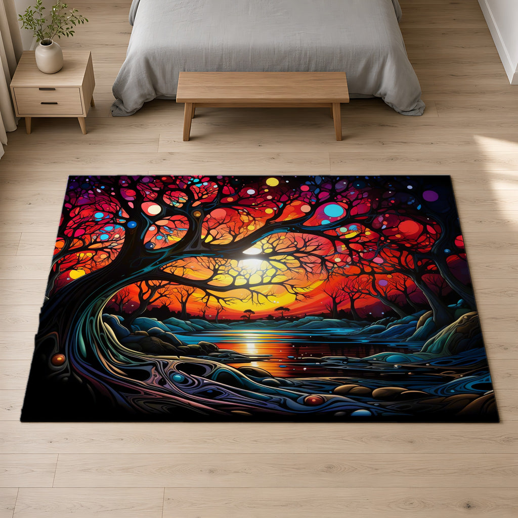 Sunset Dream Tree Outdoor Rug on a pale oak floor in a calm bedroom
