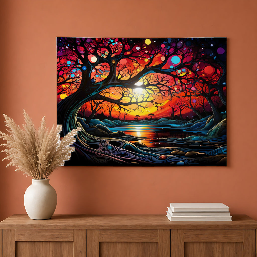Sunset Dream Tree Wall Tapestry hanging on a terracotta wall