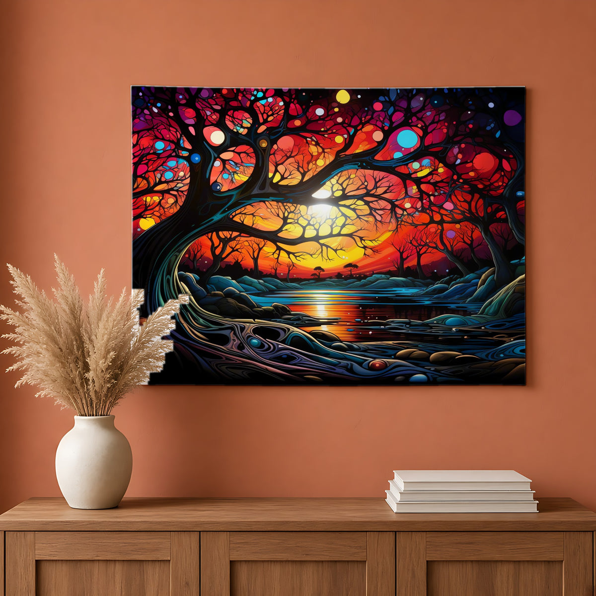 Sunset Dream Tree Wall Tapestry hanging on a terracotta wall