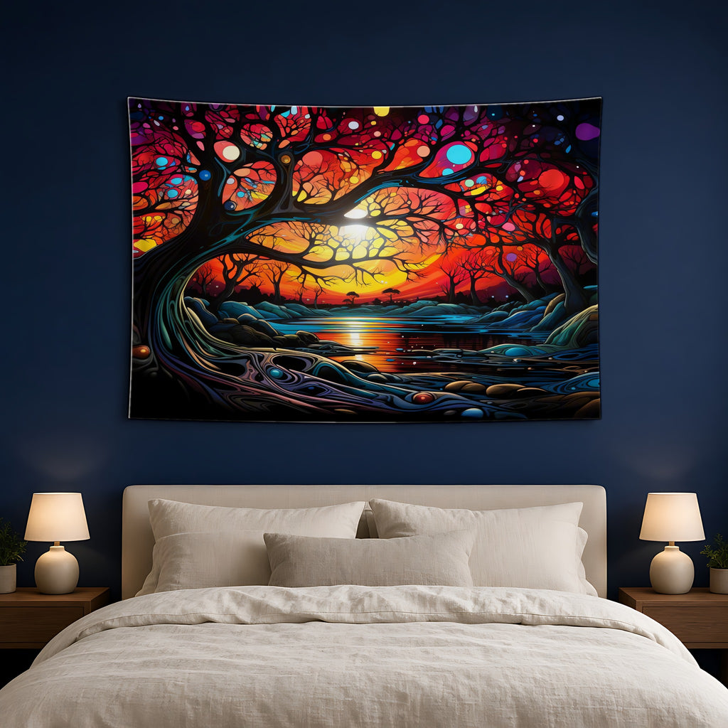 Sunset Dream Tree Wall Tapestry hanging above a bed on a navy wall